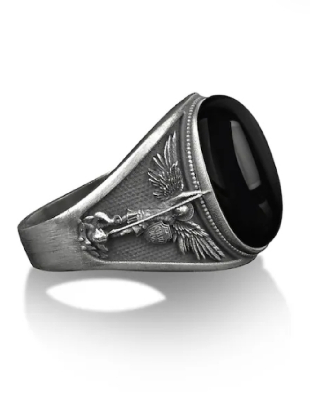 St. Michael sterling silver ring with black onyx